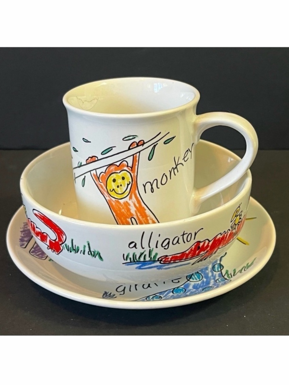 Pier 1 Childrens Dish Set: Jungle Animals Cup Bowl Plate Colorful Monkey Giraffe